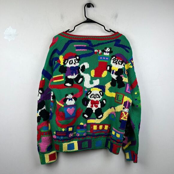Vintage 90s Traditional Trading Co. Hand Knit Christmas Pandas Cardigan Size M - Picture 2 of 8